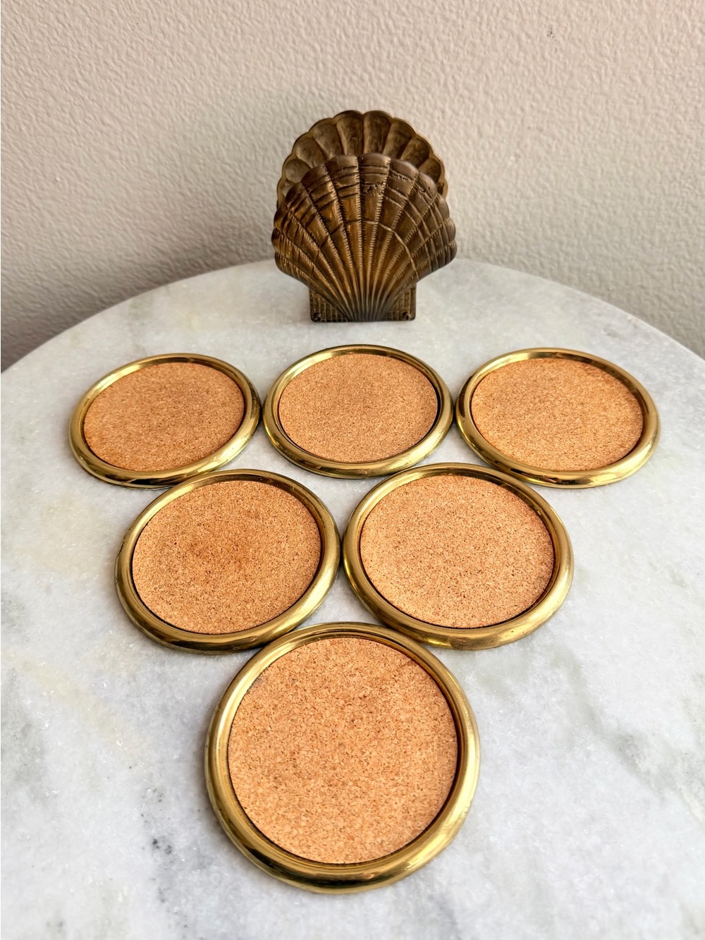 Beautiful vintage brass seashell coaster holder with Six round cork coasters